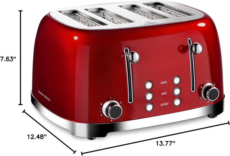 Retro 4 Slice Toaster Red ST033 - Wide Slots, Bagel, Defrost, 6 Shade Crumb Tray7