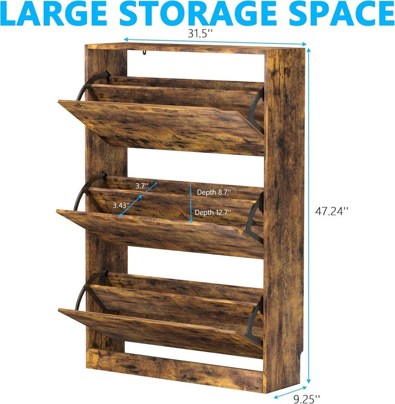 47'' Shoe Cabinet 3 Flip Drawers Slim Wood Storage Rack Organizer Entryway Brown8
