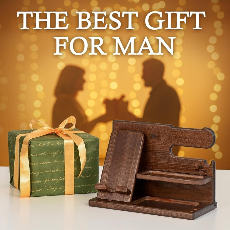 Wood Phone Docking Station for Men - Desk or Nightstand Organizer - Birthday Gif8
