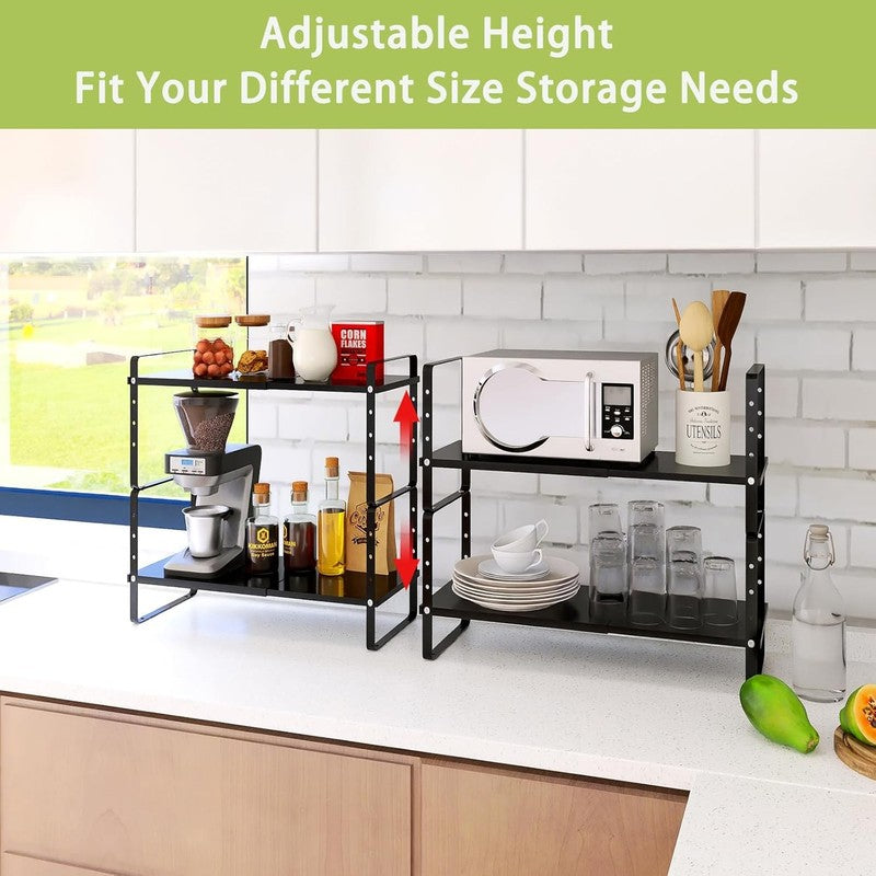 Expandable Cabinet Shelf Organizer Stackable Adjustable Kitchen Rack Black1