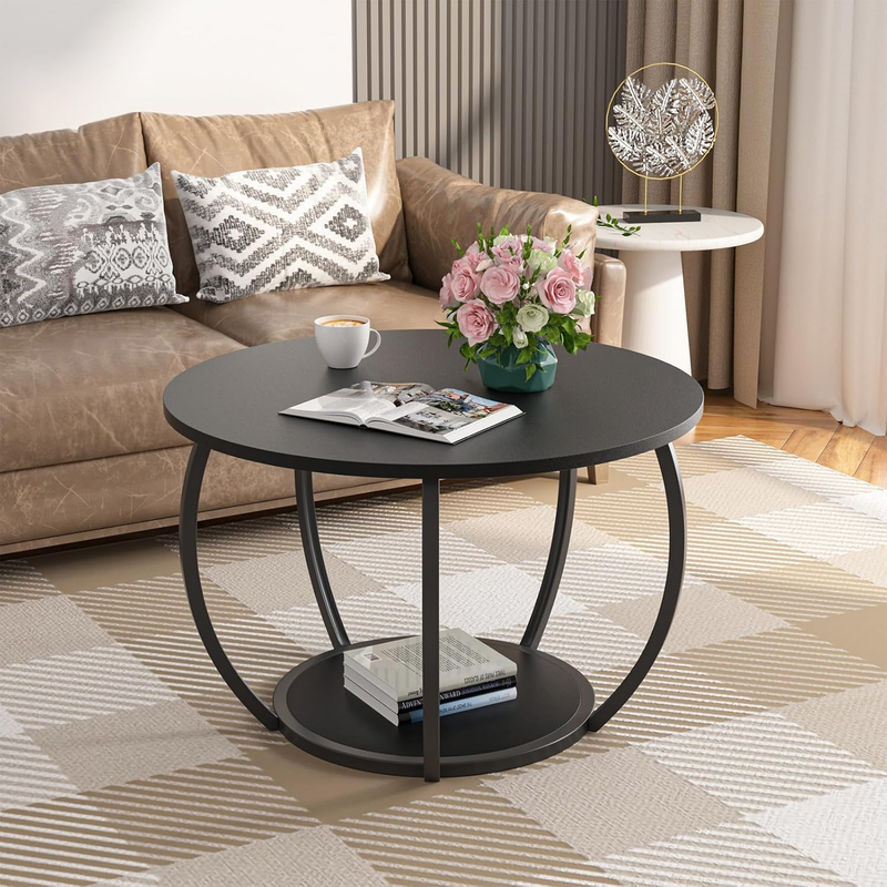 Round 2 Tier Coffee Table with Storage 27.6" Adjustable Feet, Black8