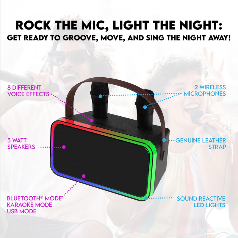 Bluetooth Karaoke Machine w/ 2 Wireless Microphones LED Lights 9Hr Playtime6
