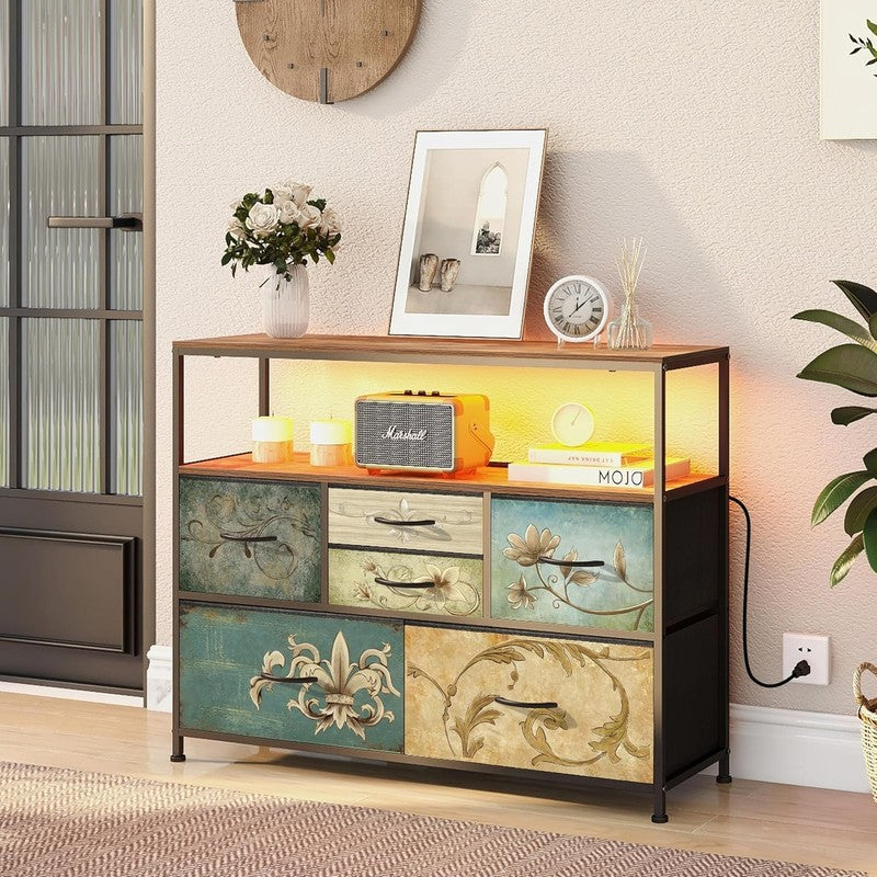 TV Stand Dresser with Power Outlet LED Light 6 Fabric Drawers Retro Storage4