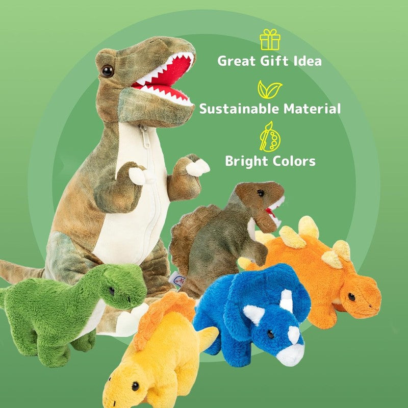 Dinosaur Stuffed Animal Set - Mommy T-Rex with 5 Plush Baby Dinosaurs inside - S4