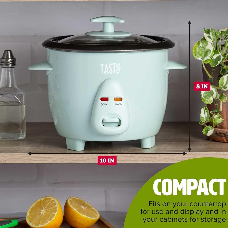 Tasty 2.5Qt Rice Cooker, Aqua – 6 Cups Cooked, Auto Keep Warm, Nonstick2