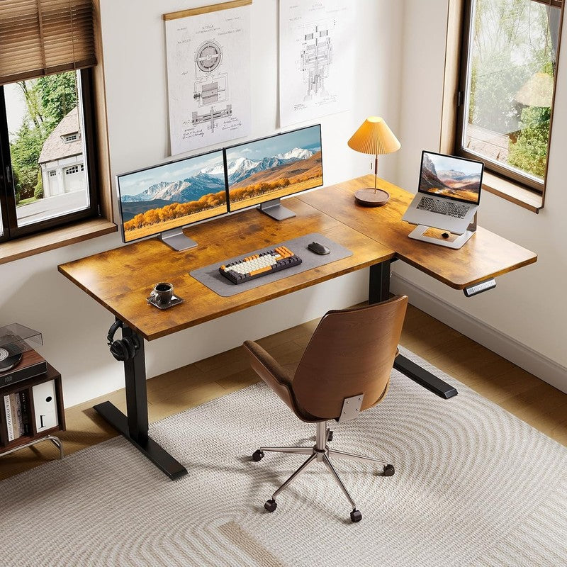 55'' Electric L Shaped Standing Desk Height Adjustable Corner Desk Rustic Brown1