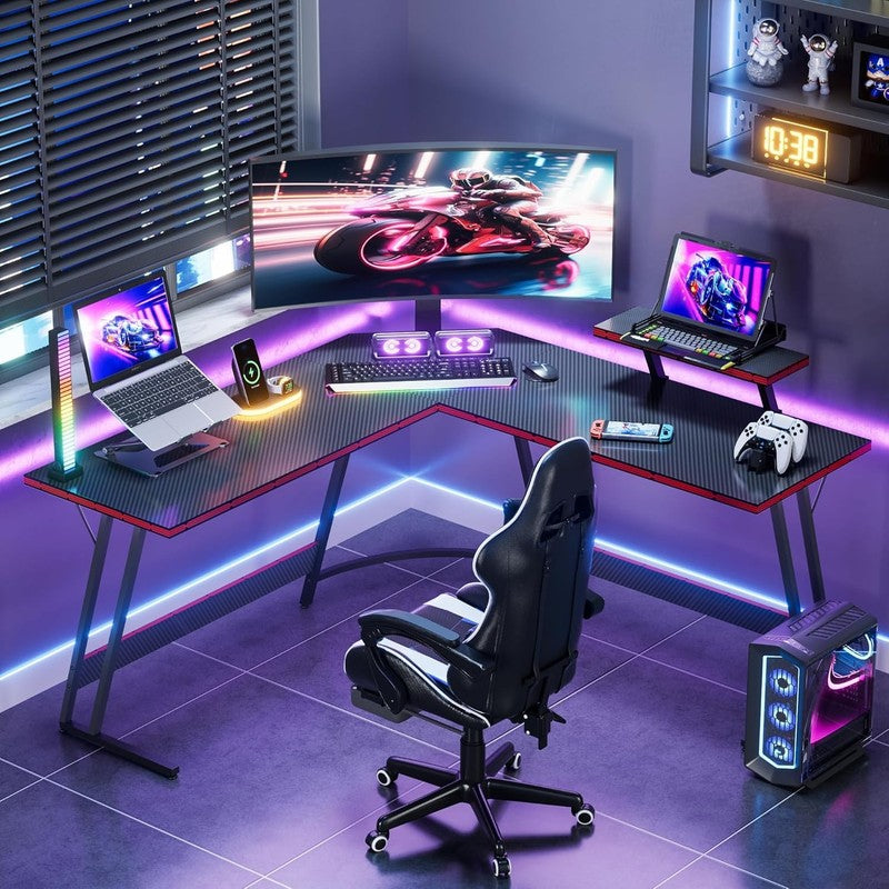 L Shaped Gaming Desk with Monitor Riser - Sturdy Corner Workstation (51 Inch)1