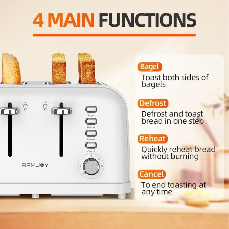 4 Slice Toaster 1500W Dual Control Extra Wide Slots 7 Shade Stainless White4