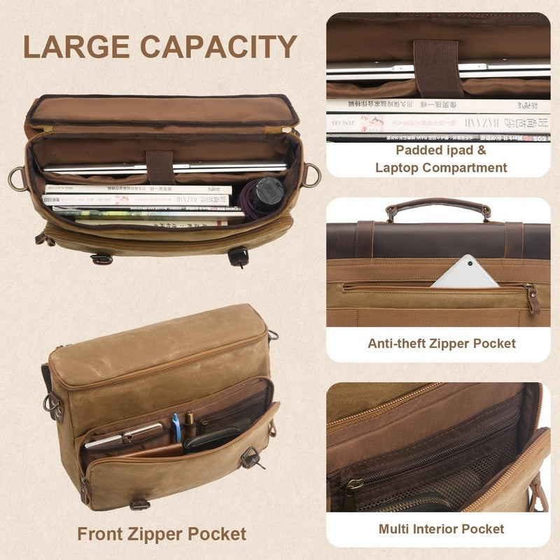 Mens Waxed Canvas Messenger Bag 16 Laptop Briefcase Leather Waterproof Satchel5