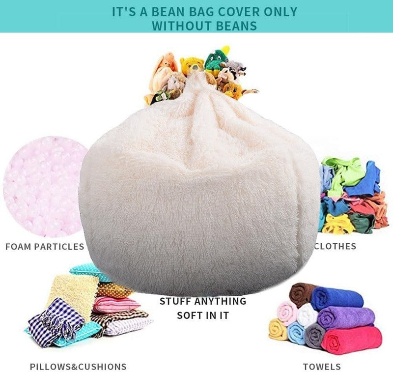 Fluffy Stuffed Animal Storage Bean Bag Cover Faux Fur Beige1