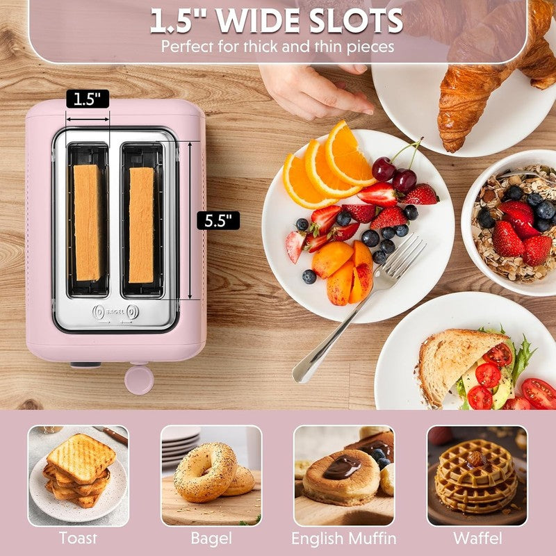 Retro 2 Slice Toaster Extra Wide Slots Stainless Steel 7 Shade Bagel Muffin Pink3