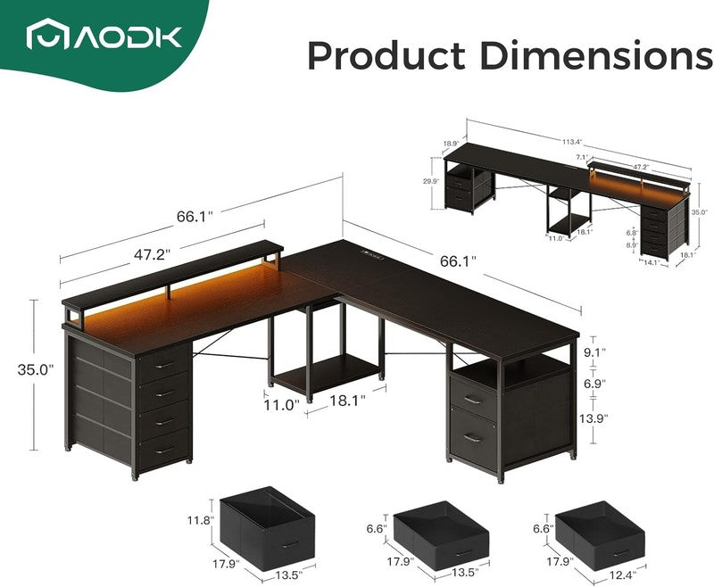 66" L Shaped Computer Desk Reversible LED Power Black Home Office1