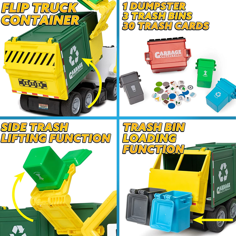 Large Friction Powered Garbage Truck Toy Set, Includes Dumpster, Trash Bins, and3