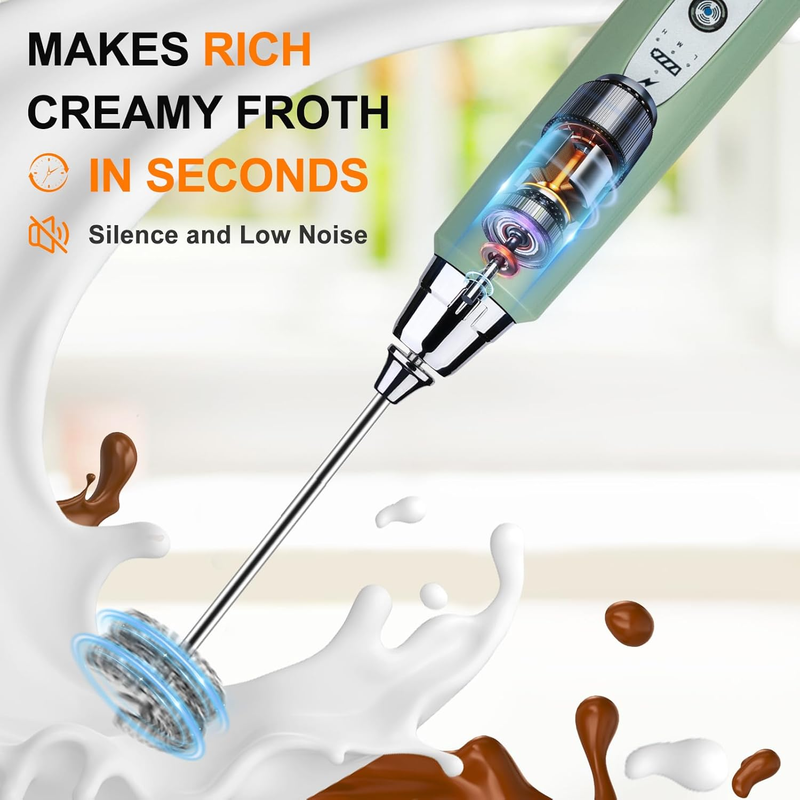 Milk Frother Handheld Rechargeable 3 Speed 3 Heads Coffee Whisk Green5
