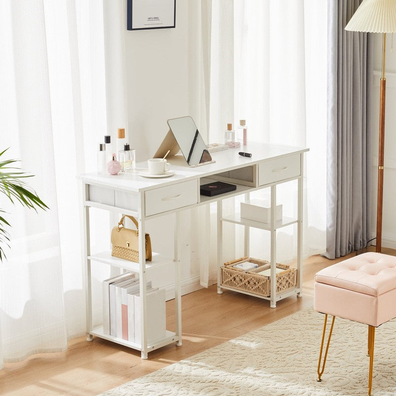 48" Small Desk w/ Fabric Drawers & Shelves Computer/Writing Desk White1