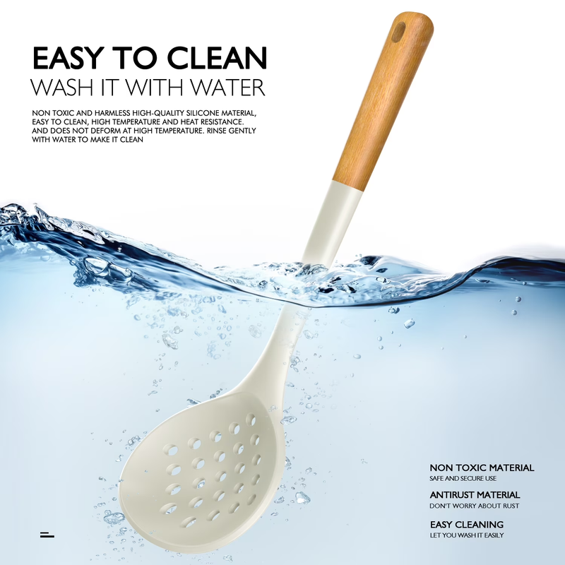 Large Silicone Kitchen Utensil Set Wooden Handle Heat Resistant Warm White6