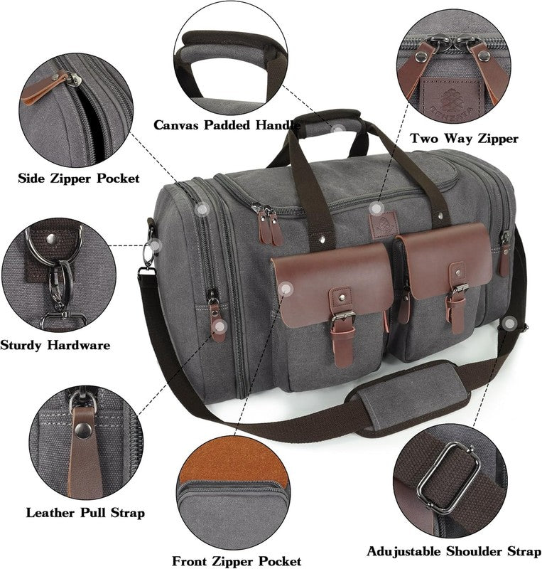 50L Canvas Travel Duffle Bag Expandable Leather Overnight Carry On2
