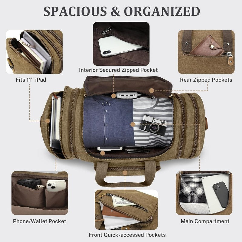Canvas Duffle Bag for Travel, 50L Duffel Overnight Weekend Bag(Coffee)3