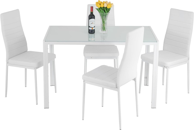 5 Piece Dining Table White Glass Table 4 Upholstered Faux Leather  Easy Assembly0