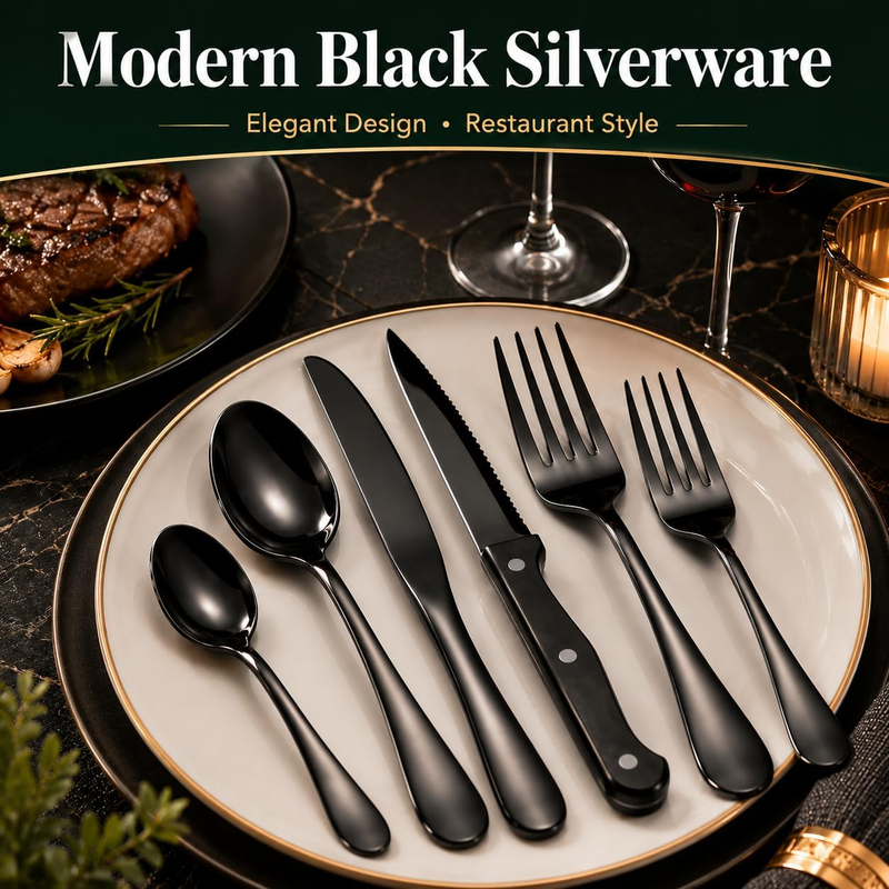 49Pc Black Silverware Set for 8 w/ Organizer Steak Knives Stainless4