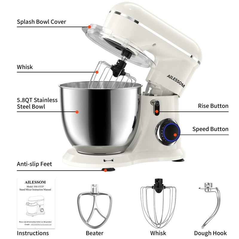 6.5 Qt Tilt Head Stand Mixer, 10 Speed, Almond Cream with Attachments NEW6