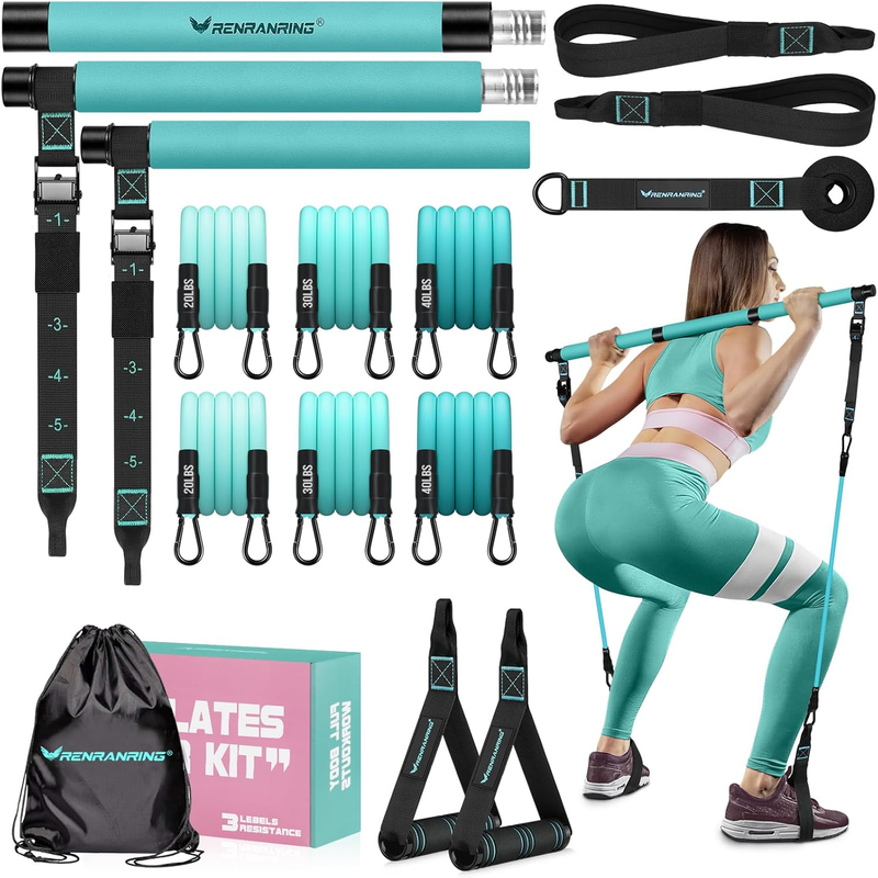 Pilates Bar Kit w/ Resistance Bands Adjustable Metal Buckle Full Body Blue0