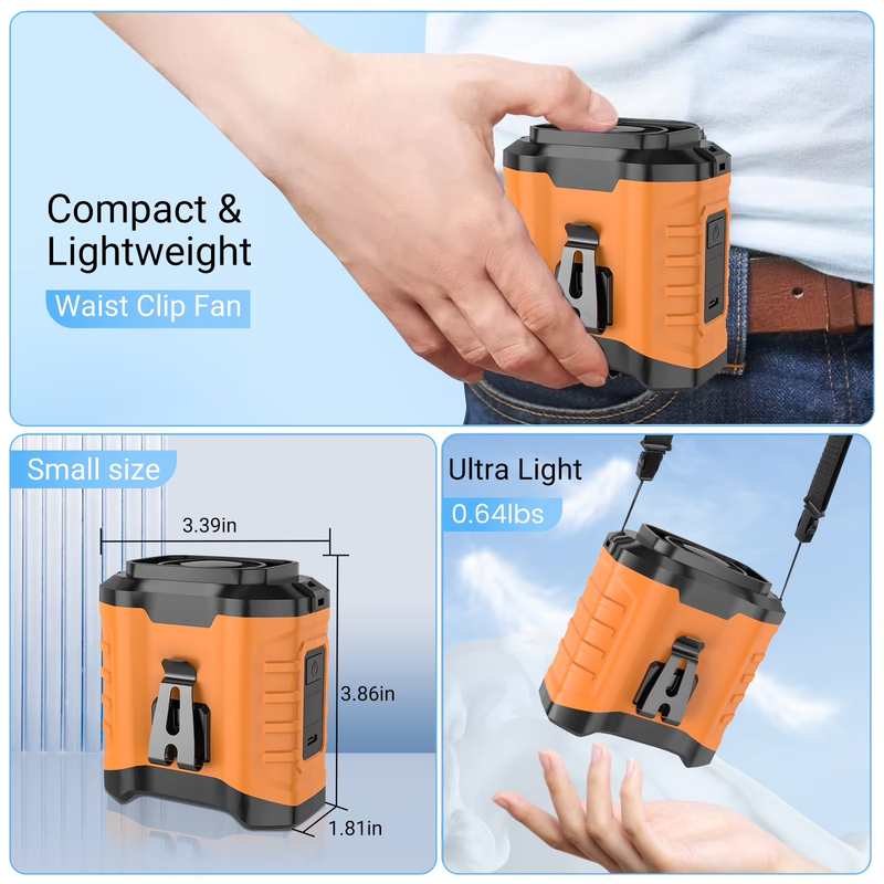 10000mAh Portable Waist Fan Clip On Wearable Neck Fan 5 Speed Orange1