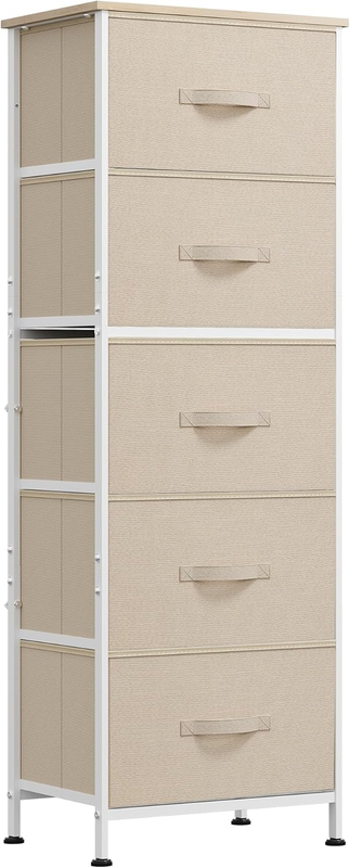 5 Drawer Fabric Dresser Storage Tower Steel Frame Wood Top Cream White11