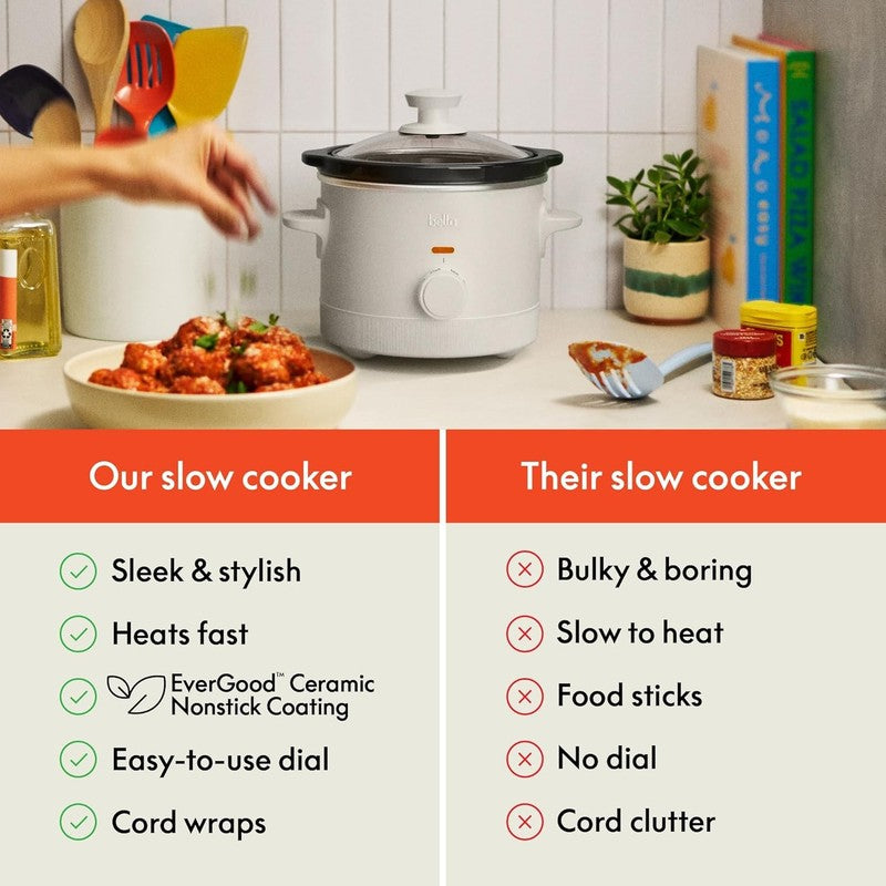 Bella 1.5Qt Slow Cooker, 3 Heat Manual, Nonstick Ceramic Pot, Glass Lid, Oatmilk6