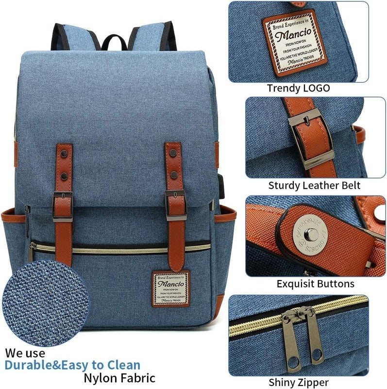 Vintage Laptop Backpack USB Charging Slim 15.6" Travel College Blue4