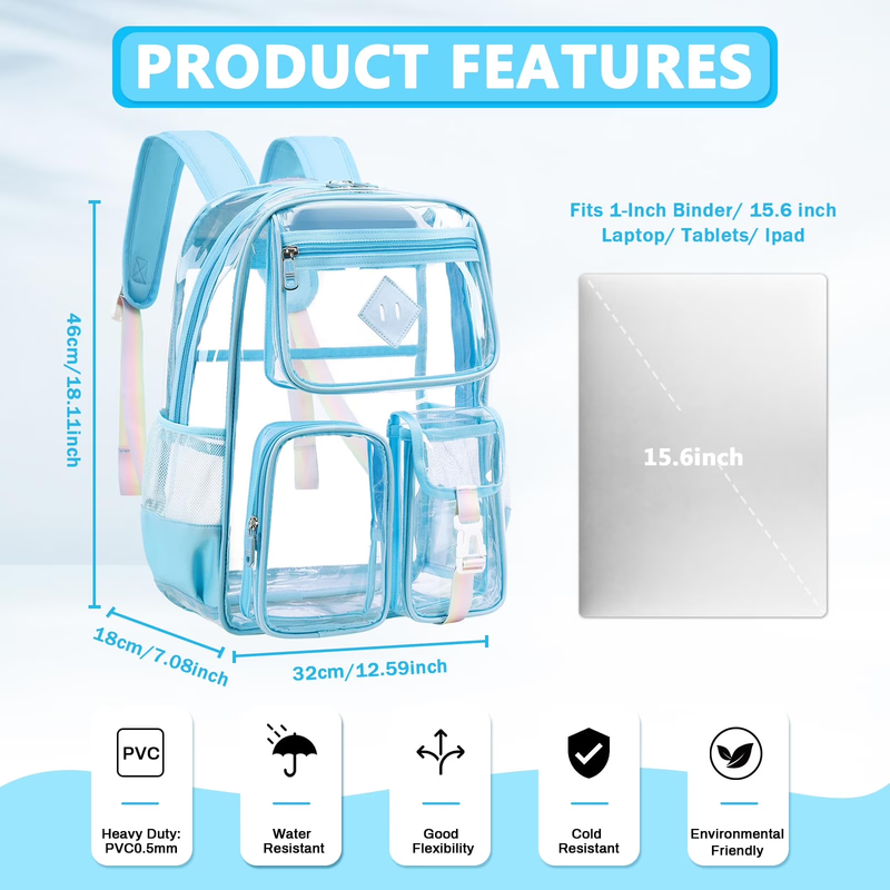 Large Clear Book Bag Waterproof See Through Backpack Blue Daisy3