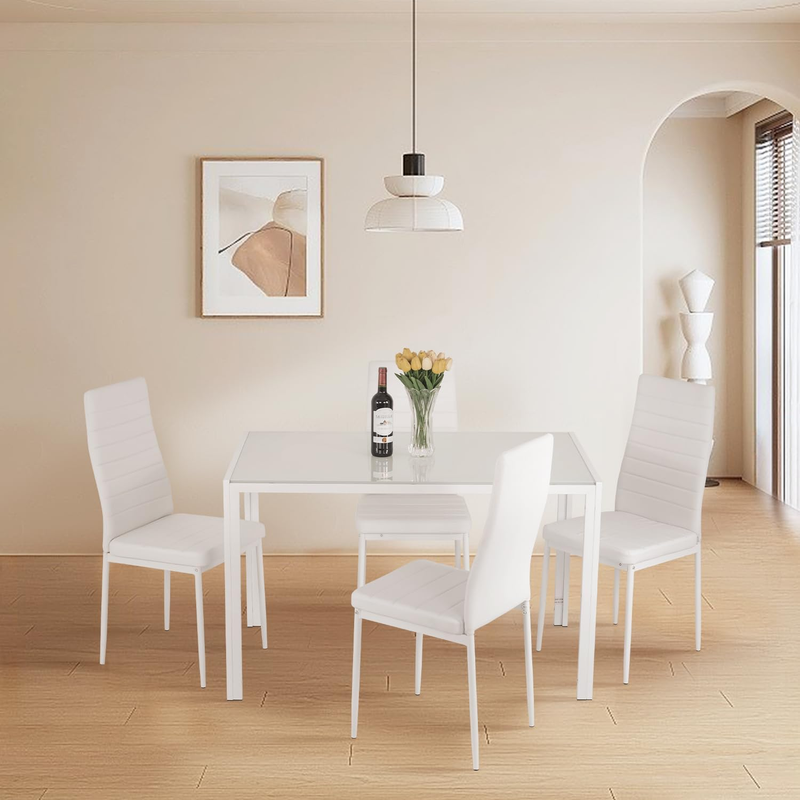 5 Piece Dining Table White Glass Table 4 Upholstered Faux Leather  Easy Assembly1
