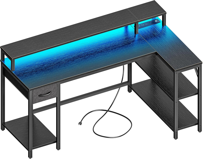 53'' L Shaped Gaming Desk LED Lights Power Outlets Reversible Black10