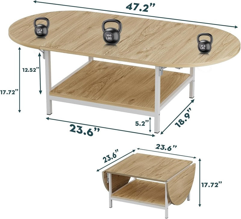2 Tier Foldable Coffee Table, White & Oak, Modern Living Room Table1