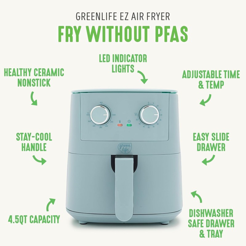 4.5QT Air Fryer, Mechanical Dial Controls, Pfas Free Ceramic Nonstick Drawer, Ad2
