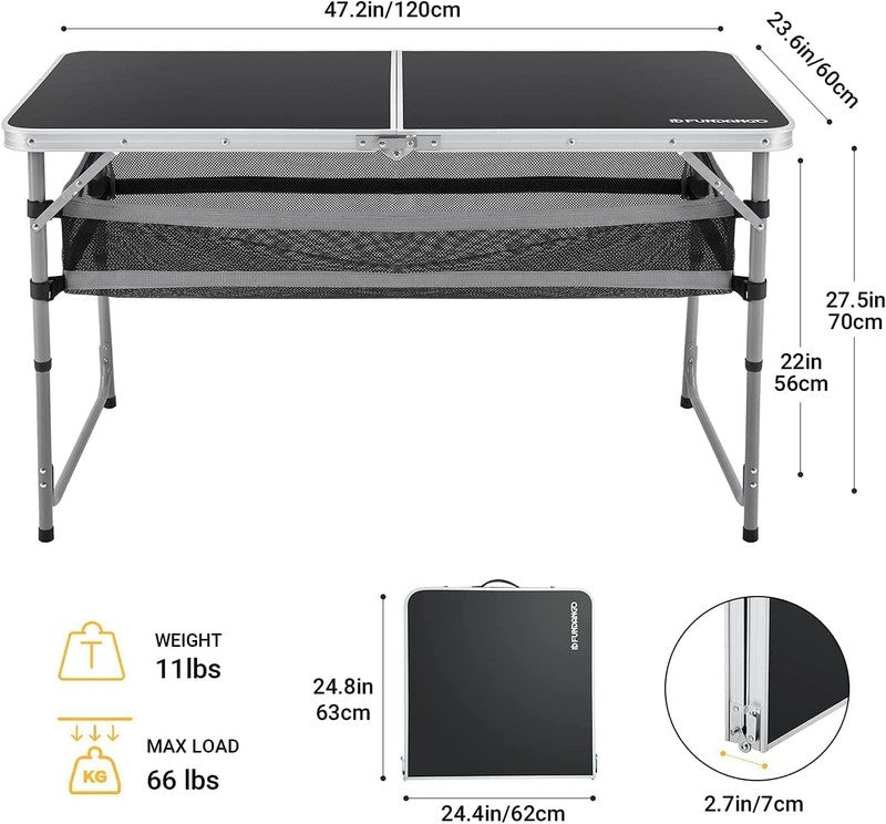 2.7Ft Black Portable Folding Card Table with Adjustable Mesh Storage Bag Card Ta6
