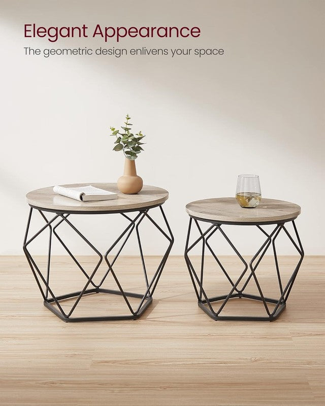 Small Round Coffee Table Set of 2 Steel Frame Side End Tables Greige Black8