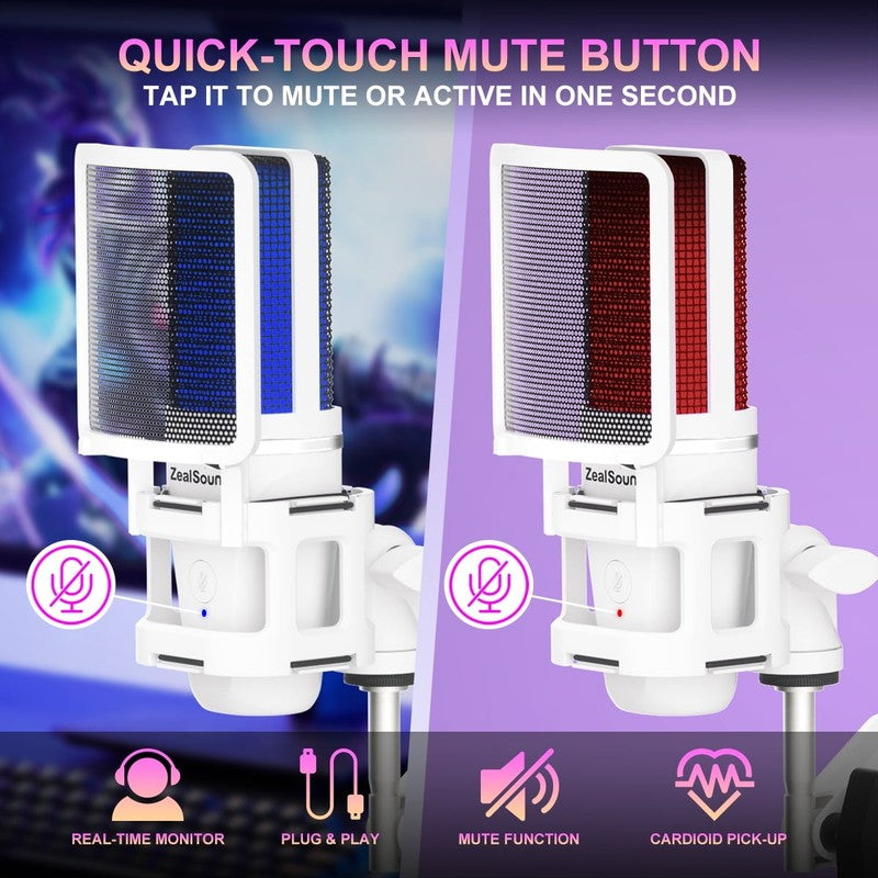 USB Condenser Microphone RGB Mute Boom Arm Pop Filter Shock Mount Plug Play2