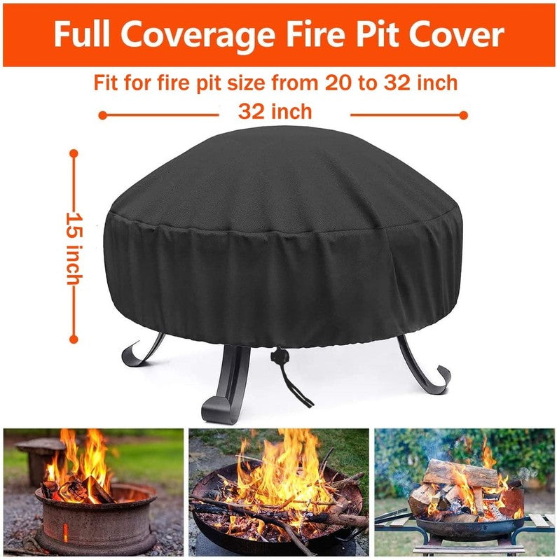 Round Fire Pit Cover 32"x15" Waterproof Outdoor Fit 28/30/32in w/ Bag4