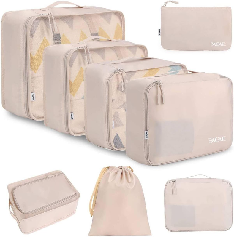 8 Piece Travel Packing Cubes Set   Cream Luggage Organizer Bags8