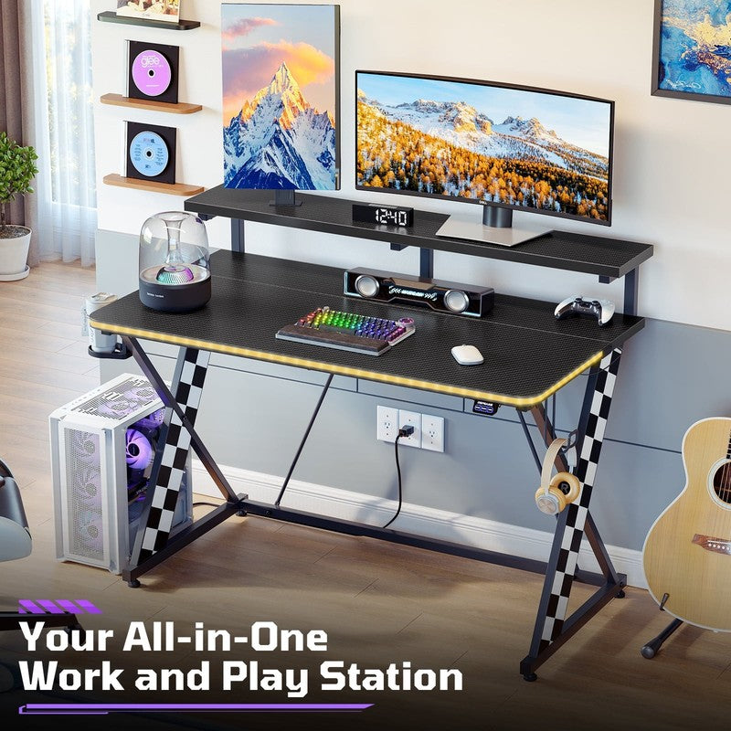43" X-Shaped Gaming Desk Music Sync LED with Monitor Stand White Racing5