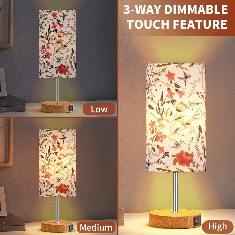 15" Touch Control Table Lamp w/ Dual USB Floral Shade 3 Way Dimmable Bedside2
