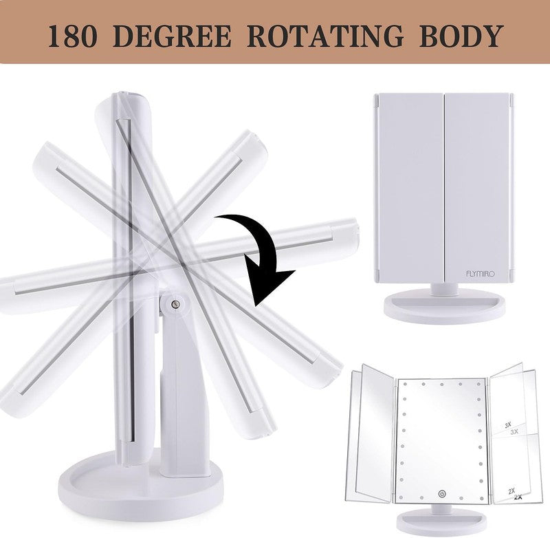 Tri Fold Lighted Vanity Mirror with 3X/2X Magnification & Touch Screen White2