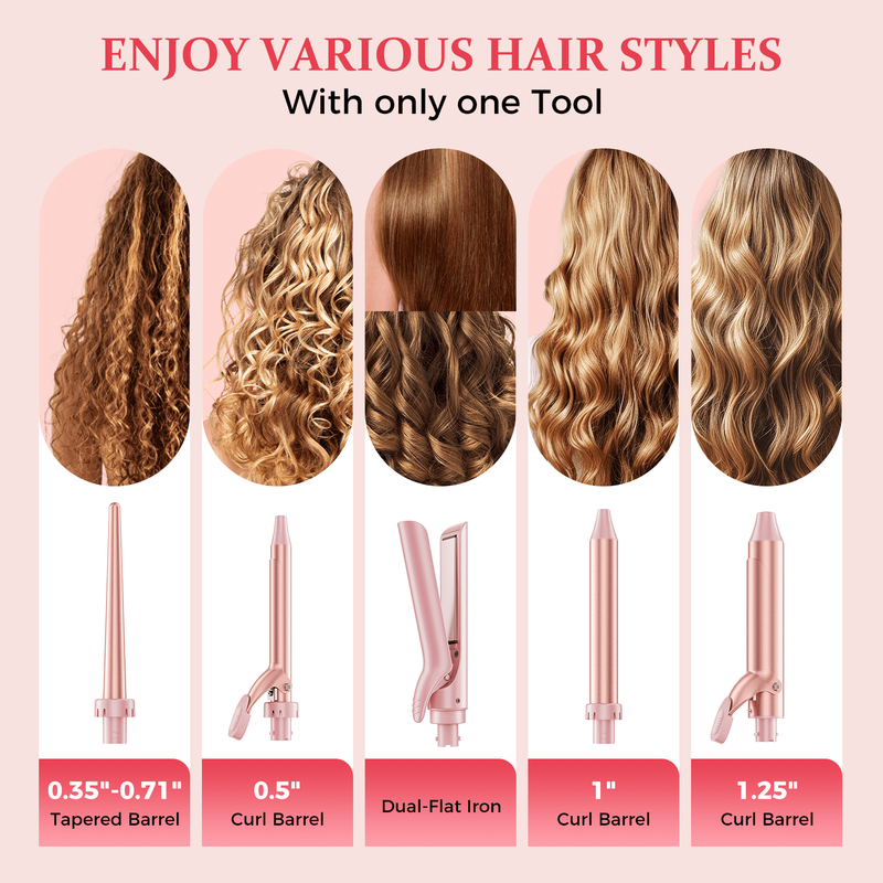 5 in 1 Curling Iron Set with Flat Iron Hair Straightener Dual Voltage Pink3