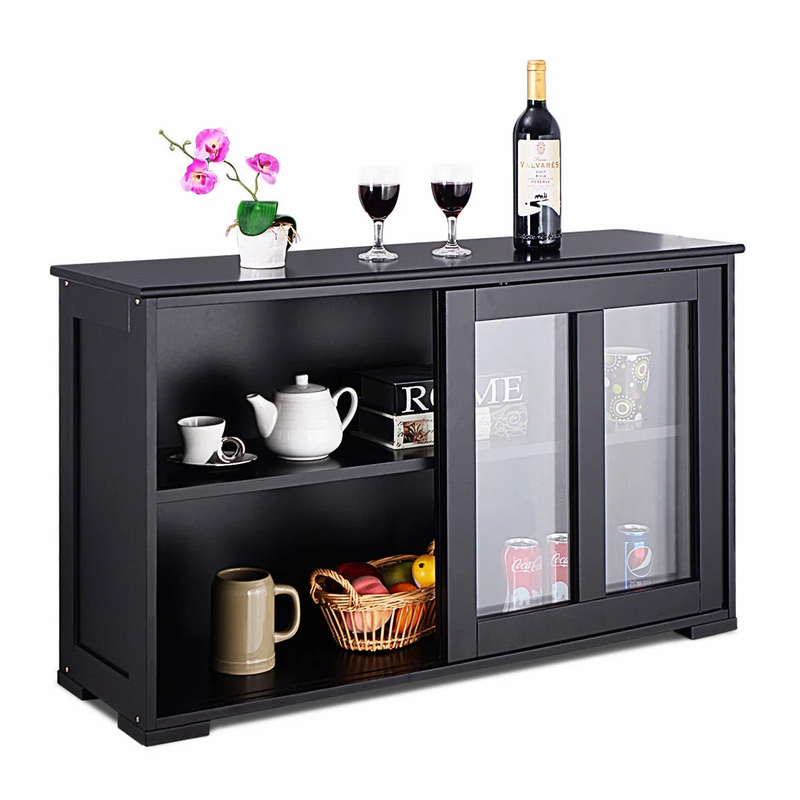 Black Kitchen Sideboard Buffet Storage Cabinet with Glass Sliding Doors10