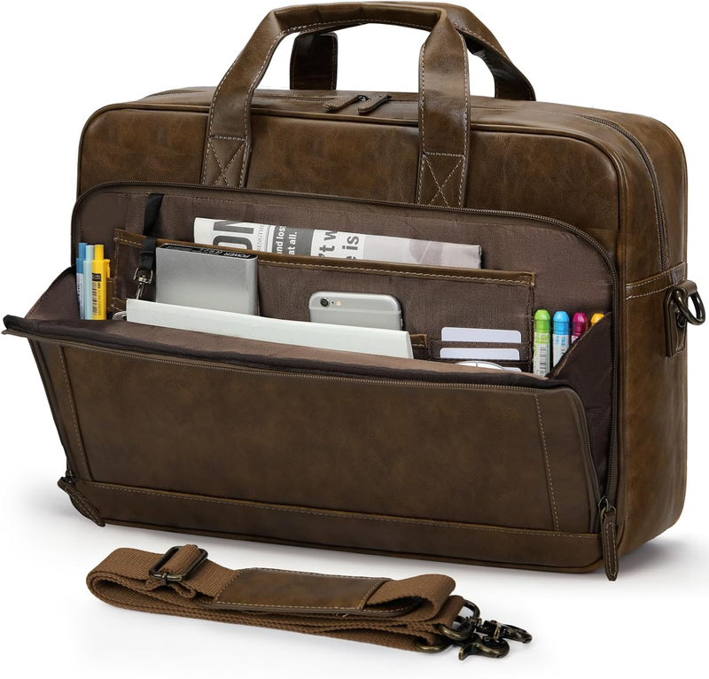 Mens Laptop Bag 16in Leather Briefcase Vintage Messenger Shoulder Work Brown10