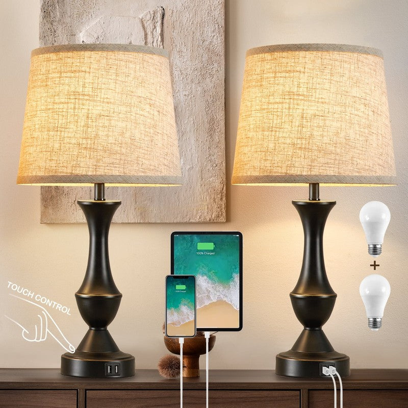 Set of 2 Touch Lamps w/ USB 3 Way Dimmable Nightstand Linen Bedside Lamps9