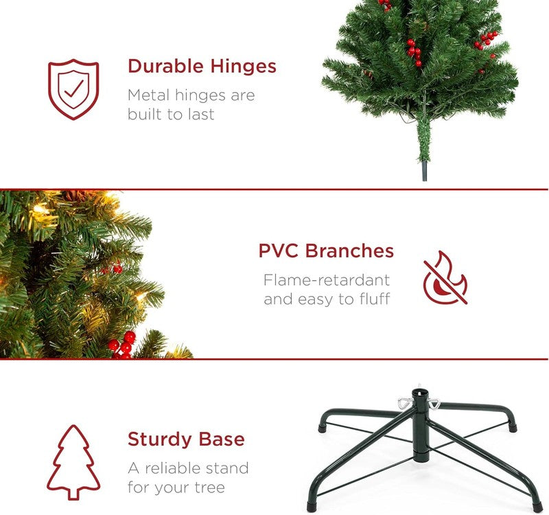 Pre-Lit Pre-Decorated Spruce Christmas Tree 4.5Ft 150 Lights Pinecones Berries5