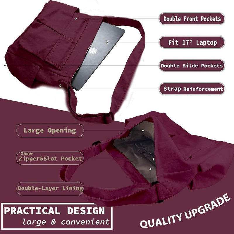 Canvas Messenger Bag Large Hobo Crossbody Multiple Pockets Shoulder Tote Unisex5