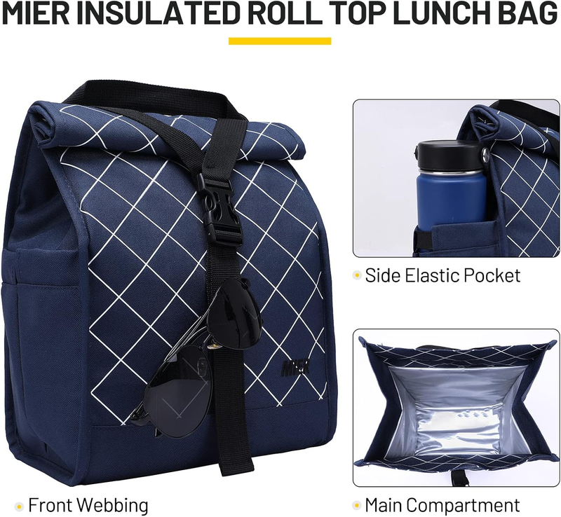 Insulated Roll Top Lunch Bag for Women Men Foldable Tote w/ Shoulder Strap1